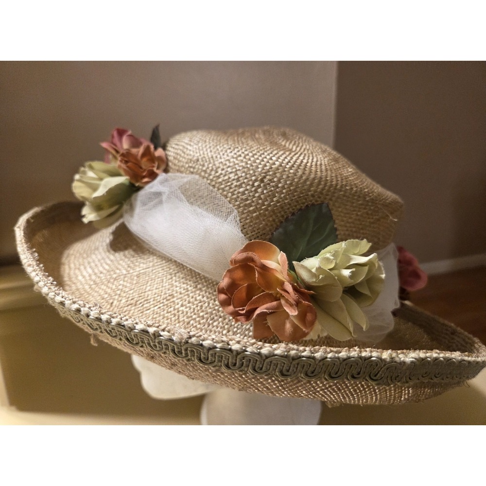Deborah Rhodes Mocha Wide Brim Hat Sinamay Floral Derby Church Wedding 22.5"